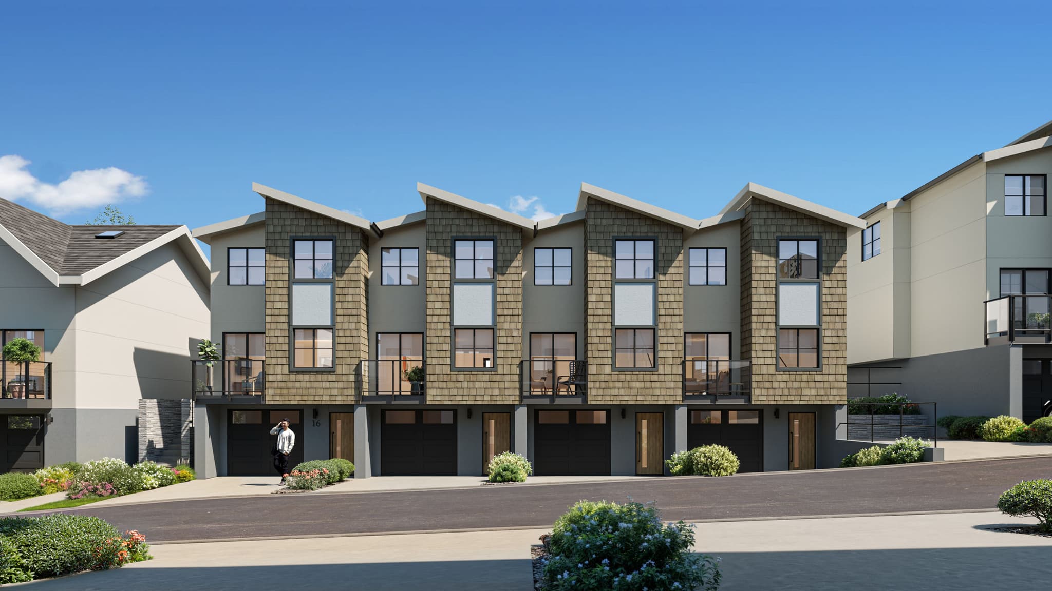 Photo-realistic exterior rendering of RiverBend's "Block A" townhomes